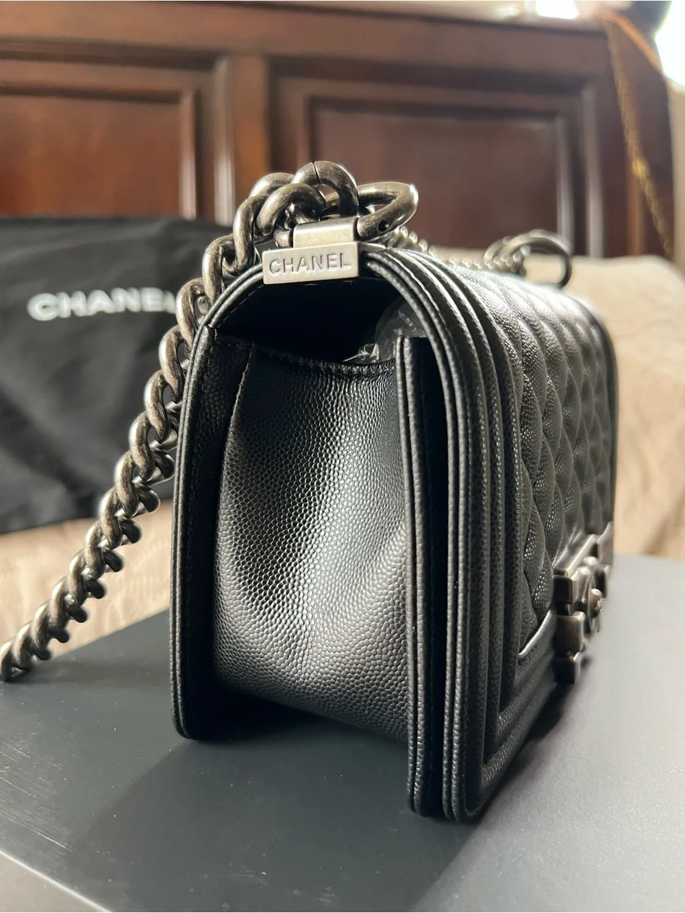 CHANEL Black Quilted Boy Flap Shoulder Bag with Gunmetal Hardware